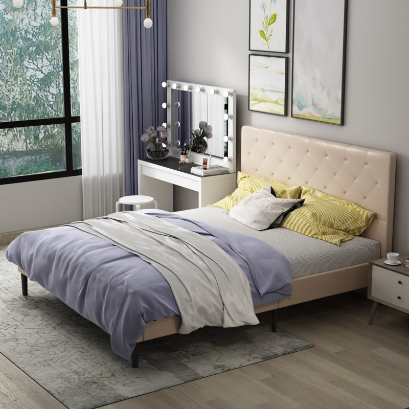 Ebern Designs NoahJohn Wood Queen Bed Frame with Upholstered Headboard